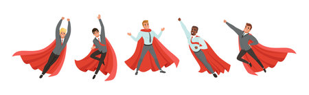 Man Businessman in Red Superhero Cloak Action Pose Vector Setのイラスト素材