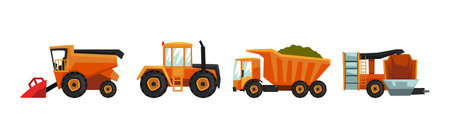 Agricultural Machinery and Vehicles for Soil Cultivation Vector Setのイラスト素材
