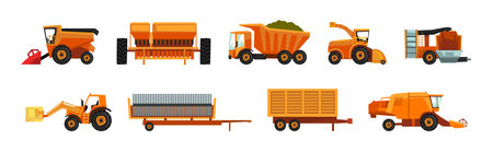 Agricultural Machinery and Vehicles for Soil Cultivation Vector Setのイラスト素材