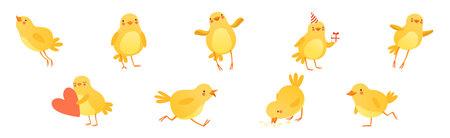 Funny Yellow Chicken Engaged in Different Activity Vector Setのイラスト素材