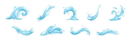Blue Wave and Water Splash with Droplet Vector Setのイラスト素材