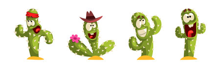 Green Cactus Character with Different Face Emotion Vector Setのイラスト素材
