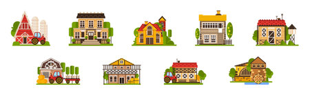 Townhouse and Rural House with Tree Flat Vector Setのイラスト素材