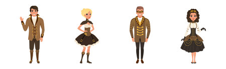 People Wearing Retro Stylish Steampunk Outfit Vector Setのイラスト素材