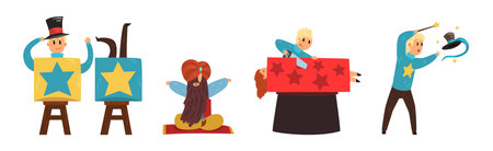 Man Magician Character Show Trick and Magic Vector Setのイラスト素材