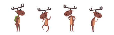 Funny Brown Moose and Elk in Various Pose Vector Setのイラスト素材