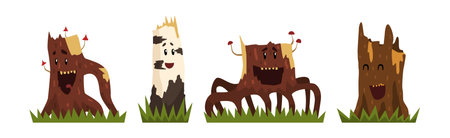 Funny Tree Stump Character with Smiling Face Vector Setのイラスト素材