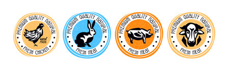Farm Meat Label and Sticker with Fresh Cattle and Poultry Vector Setのイラスト素材
