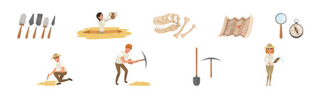 Man and Woman at Archaeological Excavation with Tools Vector Setのイラスト素材