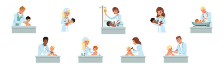 Man and Woman Pediatrician with Little Kids on Medical Examination Vector Setのイラスト素材