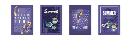 Summer Ocean and Underwater Banner with Fish Swimming in Sea Vector Setのイラスト素材