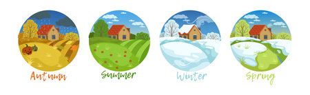 Season Weather Scene and View in Round Vector Setのイラスト素材