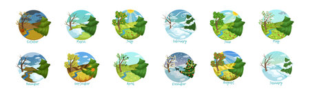 Season Month Weather Scene and View in Round Vector Setのイラスト素材