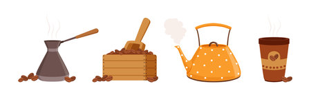 Tea and Coffee Brewing and Preparation Vector Setのイラスト素材
