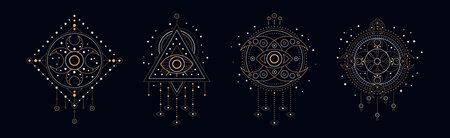 Sacred Geometric Symbol with Eye, Dreamcatcher and Figure Vector Setのイラスト素材