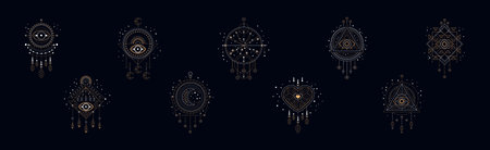 Sacred Geometric Symbol with Eye, Dreamcatcher and Figure Vector Setのイラスト素材