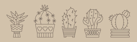Cactus Succulent Plant Grow in Pot Line Vector Setのイラスト素材
