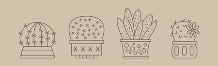 Cactus Succulent Plant Grow in Pot Line Vector Setのイラスト素材