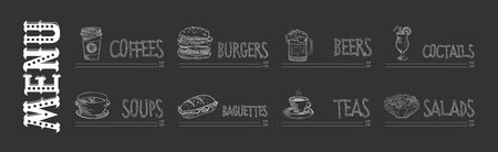 Restaurant Menu Chalk Drawn Dish and Meal Vector Setのイラスト素材
