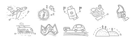 Travel and Vacation Line Object and Element Vector Setのイラスト素材