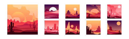 Red Desert Sunset and Dusk Landscape with Silhouettes of Mountains and Cactus Vector Setのイラスト素材