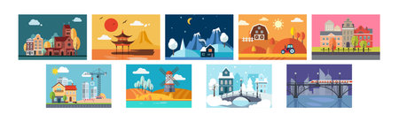 Different City Landscape and Outdoor View Vector Set