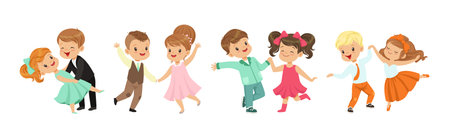 Cute Kid Couple Dancing Moving Body Show Performance Vector Setのイラスト素材