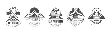 Mountain Trekking and Camping Logo and Label Design Vector Setのイラスト素材