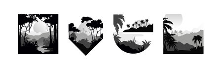 Tropical Rainforest Landscape with Palm Trees in Geometric Shape Vector Setのイラスト素材
