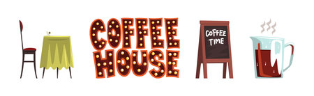 Coffee House with Aromatic Drink Preparation Object Vector Setのイラスト素材