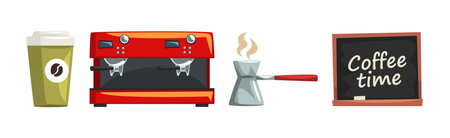 Coffee House with Aromatic Drink Preparation Object Vector Setのイラスト素材