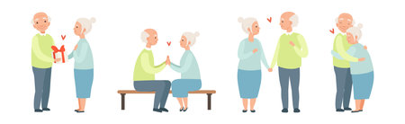 Elderly Couples in Love with Senior Man and Woman Romantic Loving Relations Vector Setのイラスト素材