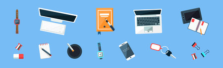 Office Object and Business Workflow Items on Blue Background Vector Setのイラスト素材