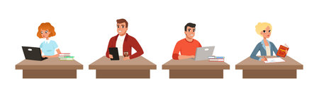 Man and Woman Student Sitting at Table with Books Vector Setのイラスト素材