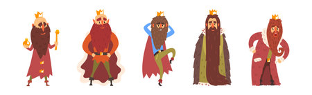 Bearded Man King Character with Mantle and Crown Vector Setのイラスト素材