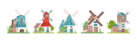 Traditional Rural Windmill with Rotating Propeller Vector Setのイラスト素材