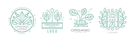 Organic Natural Line Logo and Label Design Vector Setのイラスト素材