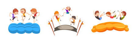 Boy Kid Jumping on Trampoline Bouncing and Having Fun Vector Setのイラスト素材
