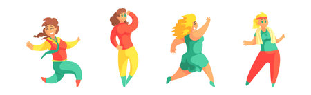 Cheerful Plus Size Woman Character in Different Pose Vector Setのイラスト素材