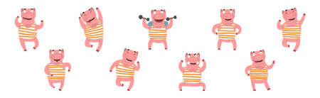 Pink Humanized Pig in Striped Shirt with Mustache in Different Action Vector Setのイラスト素材