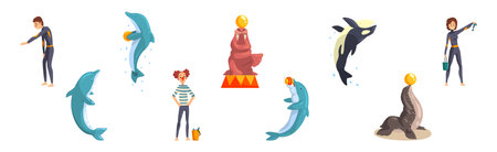 Oceanarium or Dolphinarium with Sea Animals and Trainers Performing Stunt Vector Setのイラスト素材