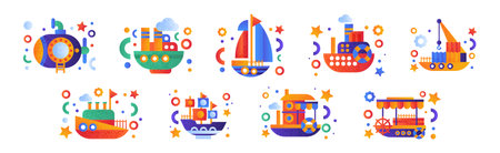 Flat Ship and Sea Vessel Colorful Icon as Seafaring and Marine Cruise Vector Setのイラスト素材