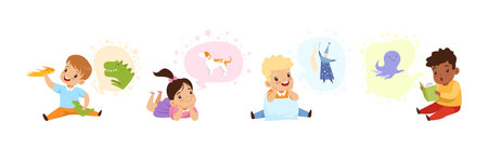 Adorable Children Reading Fairytale Fantasy Book Vector Setのイラスト素材