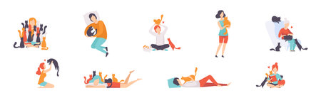 People Cat Lover as Pet Owners Playing and Caring of Their Domestic Animal Vector Setのイラスト素材