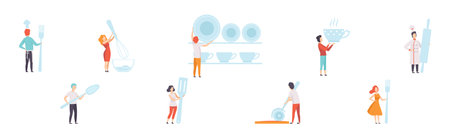 Man and Woman with Huge Kitchen Utensils Vector Setのイラスト素材