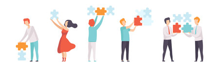 People Holding Blue Jigsaw Puzzle Element Vector Setのイラスト素材