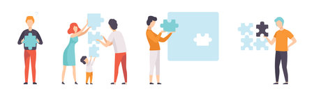 People Holding Blue Jigsaw Puzzle Element Vector Setのイラスト素材