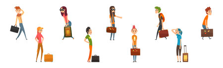 Man and Woman Travel with Heavy Suitcase and Bag Vector Setのイラスト素材