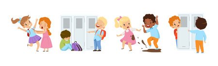 Angry Warring Boy and Girl Kid Bullying Weak Agemate Vector Setのイラスト素材