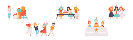 Little Children Celebrate Birthday Party Enjoy Holiday Vector Setのイラスト素材